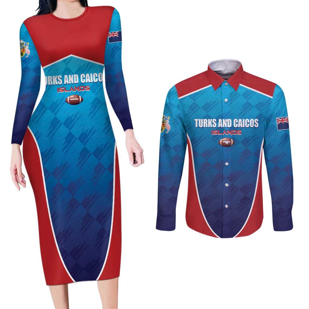Custom Turks and Caicos Islands Rugby Couples Matching Long Sleeve Bodycon Dress and Long Sleeve Button Shirt TCI Team Come On
