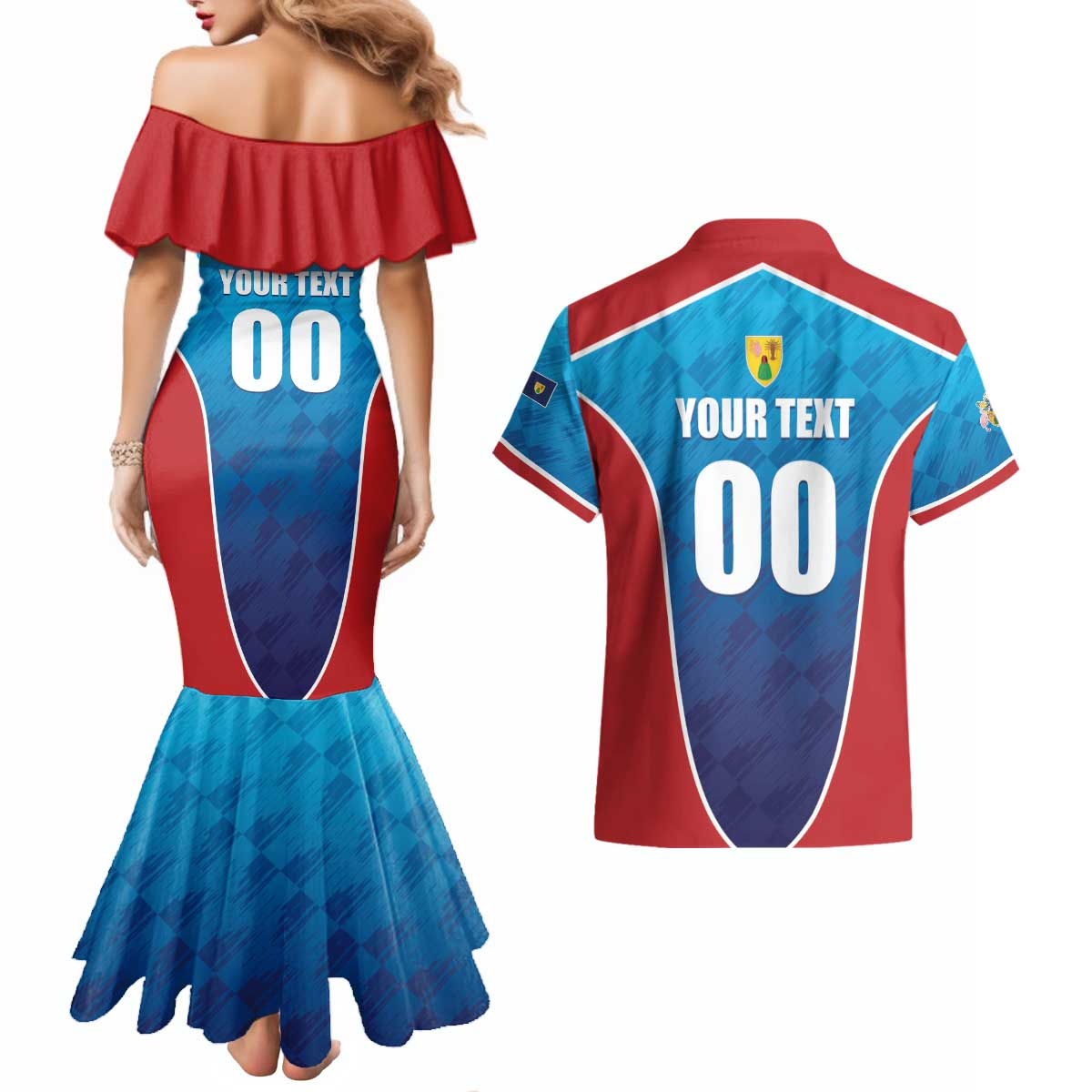 Custom Turks and Caicos Islands Rugby Couples Matching Mermaid Dress and Hawaiian Shirt TCI Team Come On