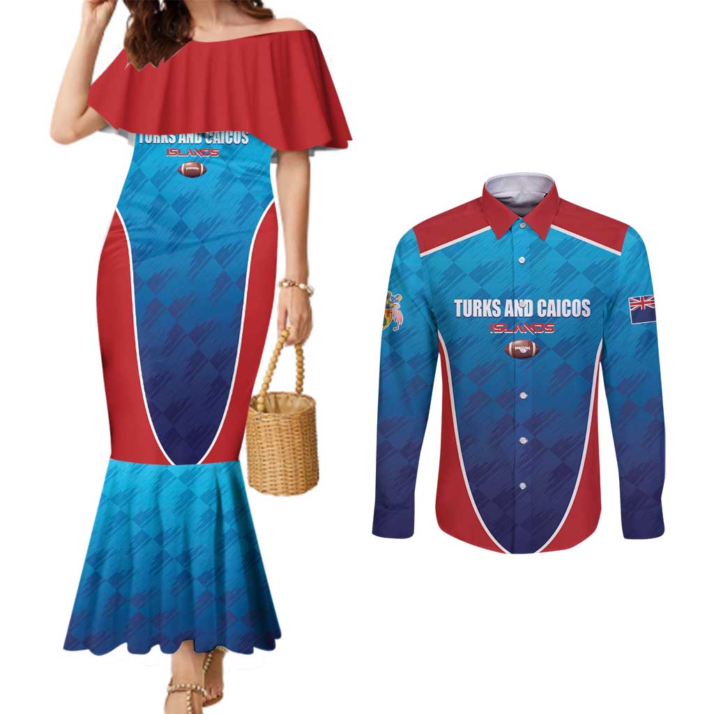 Custom Turks and Caicos Islands Rugby Couples Matching Mermaid Dress and Long Sleeve Button Shirt TCI Team Come On