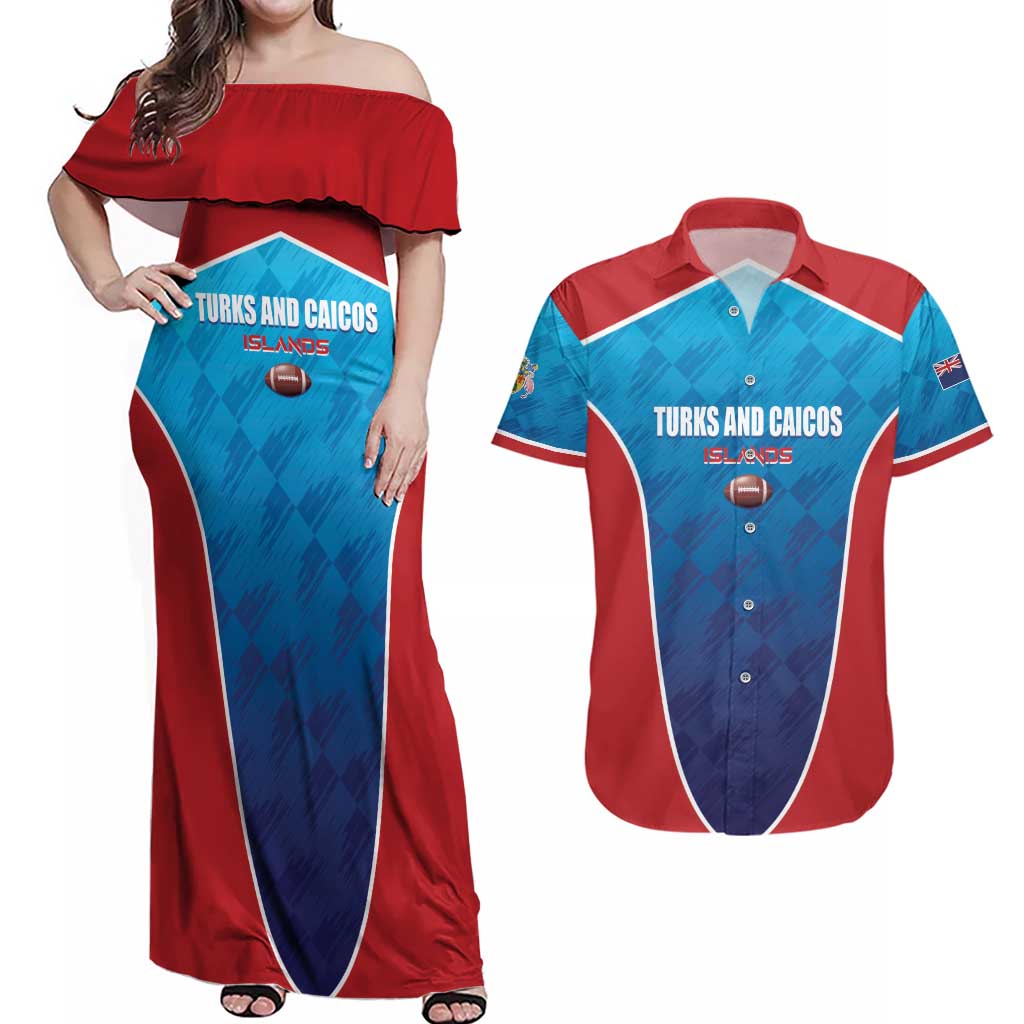Custom Turks and Caicos Islands Rugby Couples Matching Off Shoulder Maxi Dress and Hawaiian Shirt TCI Team Come On