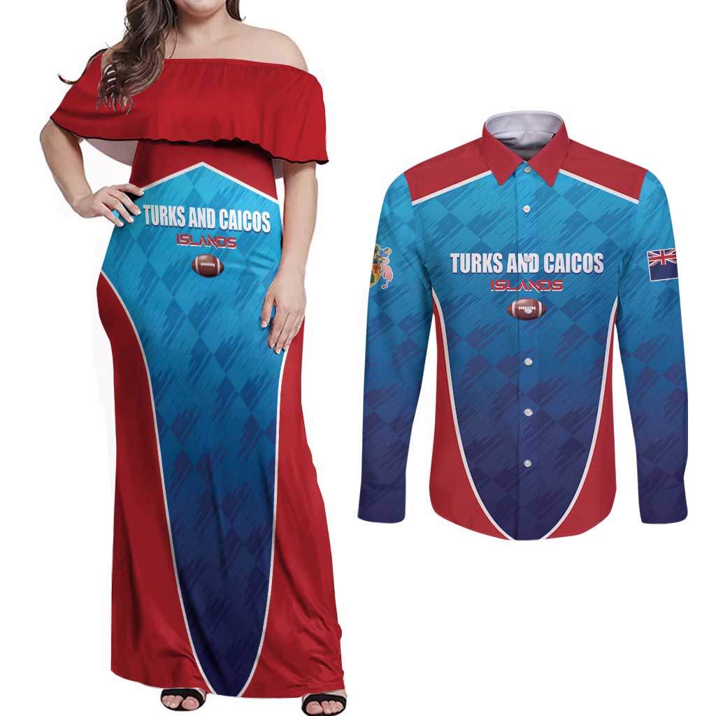 Custom Turks and Caicos Islands Rugby Couples Matching Off Shoulder Maxi Dress and Long Sleeve Button Shirt TCI Team Come On