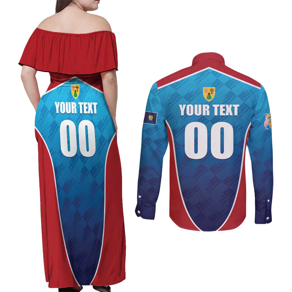 Custom Turks and Caicos Islands Rugby Couples Matching Off Shoulder Maxi Dress and Long Sleeve Button Shirt TCI Team Come On
