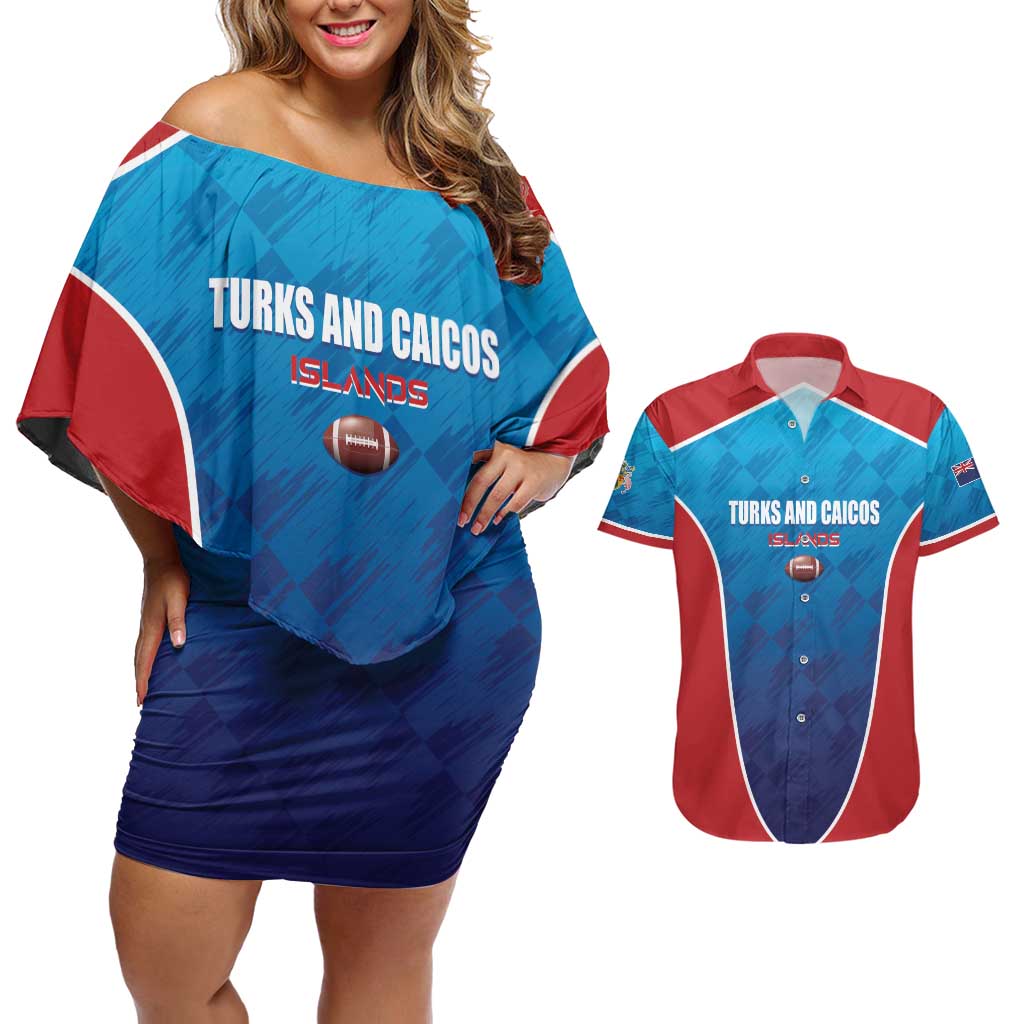 Custom Turks and Caicos Islands Rugby Couples Matching Off Shoulder Short Dress and Hawaiian Shirt TCI Team Come On
