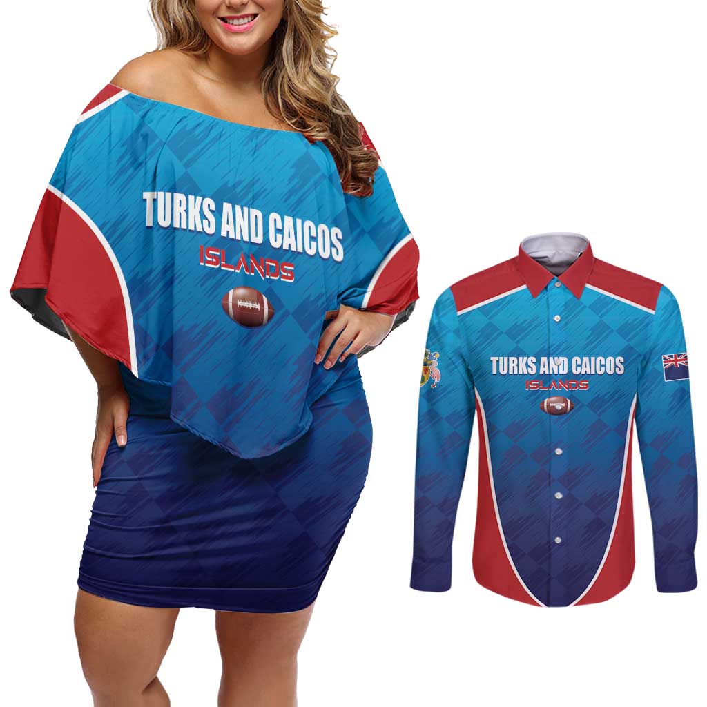 Custom Turks and Caicos Islands Rugby Couples Matching Off Shoulder Short Dress and Long Sleeve Button Shirt TCI Team Come On