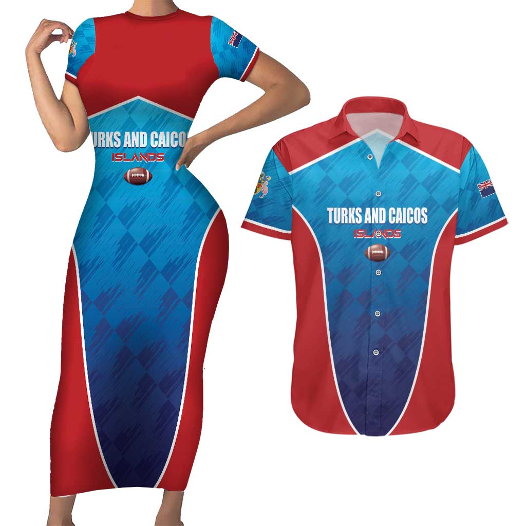 Custom Turks and Caicos Islands Rugby Couples Matching Short Sleeve Bodycon Dress and Hawaiian Shirt TCI Team Come On