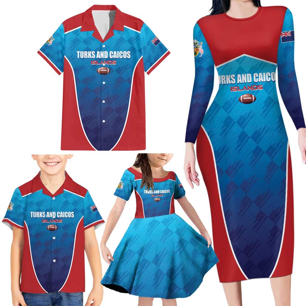 Custom Turks and Caicos Islands Rugby Family Matching Long Sleeve Bodycon Dress and Hawaiian Shirt TCI Team Come On