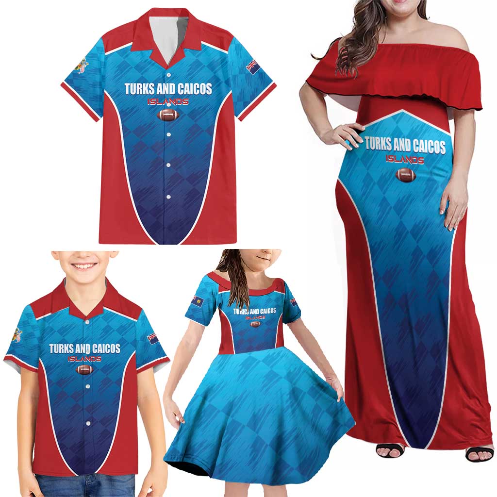 Custom Turks and Caicos Islands Rugby Family Matching Off Shoulder Maxi Dress and Hawaiian Shirt TCI Team Come On