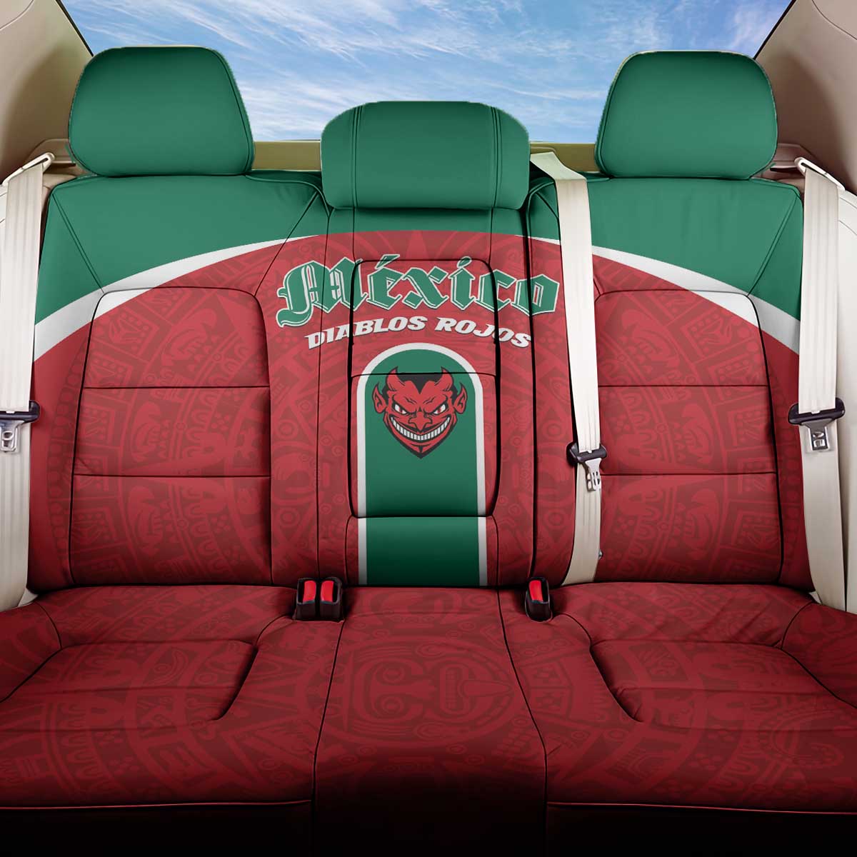 Baseball Mexico Diablos Rojos Back Car Seat Cover Red Devils Aztec Pattern
