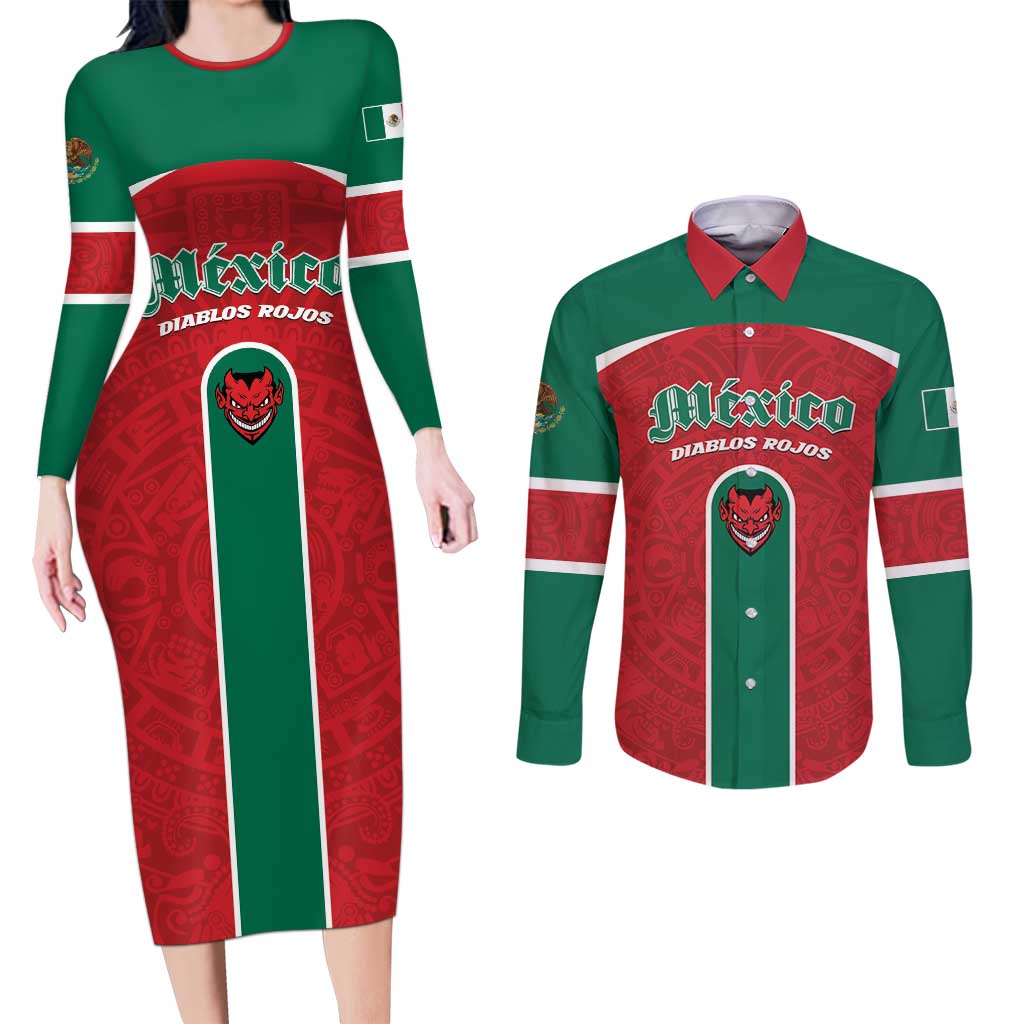 Custom Baseball Mexico Diablos Rojos Couples Matching Long Sleeve Bodycon Dress and Long Sleeve Button Shirt Red Devils Aztec Pattern
