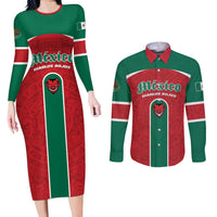 Custom Baseball Mexico Diablos Rojos Couples Matching Long Sleeve Bodycon Dress and Long Sleeve Button Shirt Red Devils Aztec Pattern