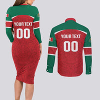 Custom Baseball Mexico Diablos Rojos Couples Matching Long Sleeve Bodycon Dress and Long Sleeve Button Shirt Red Devils Aztec Pattern