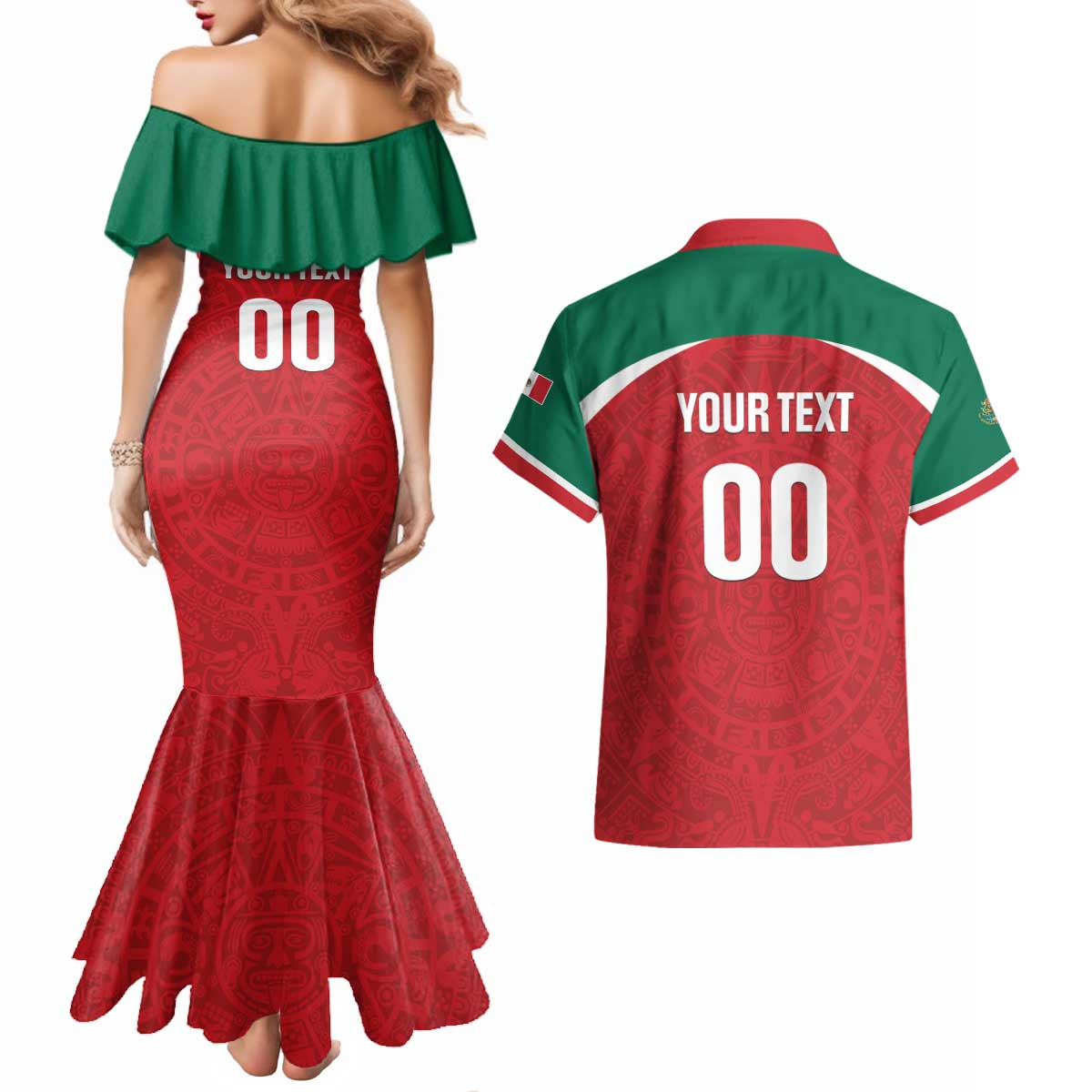 Custom Baseball Mexico Diablos Rojos Couples Matching Mermaid Dress and Hawaiian Shirt Red Devils Aztec Pattern