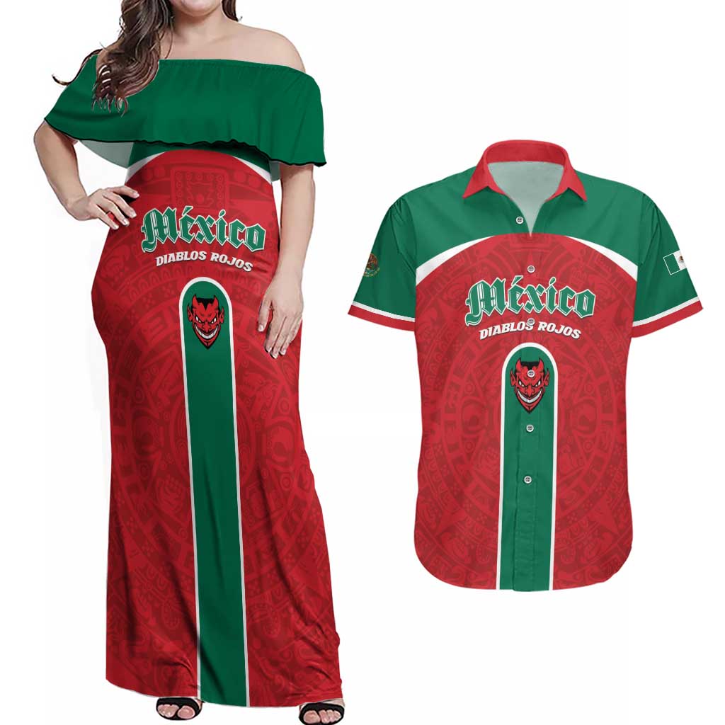 Custom Baseball Mexico Diablos Rojos Couples Matching Off Shoulder Maxi Dress and Hawaiian Shirt Red Devils Aztec Pattern