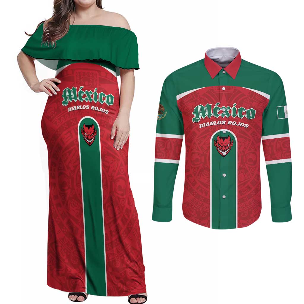 Custom Baseball Mexico Diablos Rojos Couples Matching Off Shoulder Maxi Dress and Long Sleeve Button Shirt Red Devils Aztec Pattern