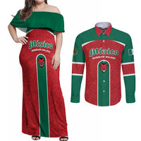 Custom Baseball Mexico Diablos Rojos Couples Matching Off Shoulder Maxi Dress and Long Sleeve Button Shirt Red Devils Aztec Pattern