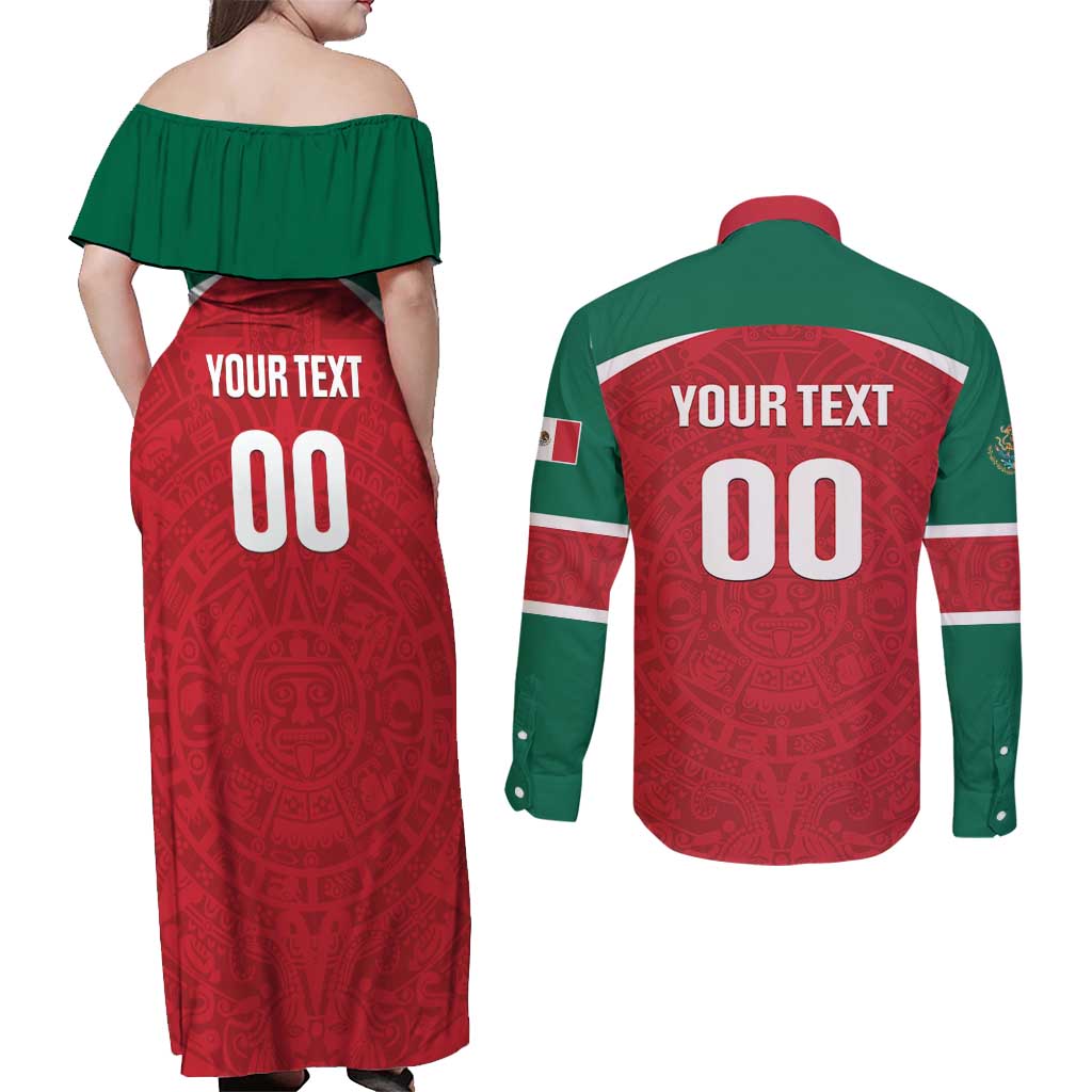 Custom Baseball Mexico Diablos Rojos Couples Matching Off Shoulder Maxi Dress and Long Sleeve Button Shirt Red Devils Aztec Pattern