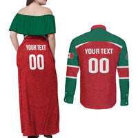 Custom Baseball Mexico Diablos Rojos Couples Matching Off Shoulder Maxi Dress and Long Sleeve Button Shirt Red Devils Aztec Pattern