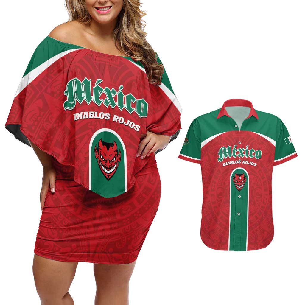 Custom Baseball Mexico Diablos Rojos Couples Matching Off Shoulder Short Dress and Hawaiian Shirt Red Devils Aztec Pattern