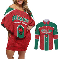 Custom Baseball Mexico Diablos Rojos Couples Matching Off Shoulder Short Dress and Long Sleeve Button Shirt Red Devils Aztec Pattern