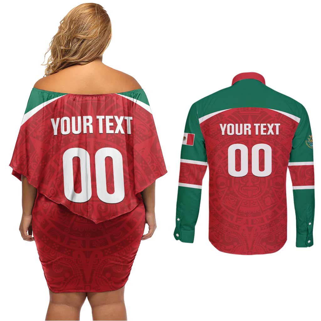 Custom Baseball Mexico Diablos Rojos Couples Matching Off Shoulder Short Dress and Long Sleeve Button Shirt Red Devils Aztec Pattern