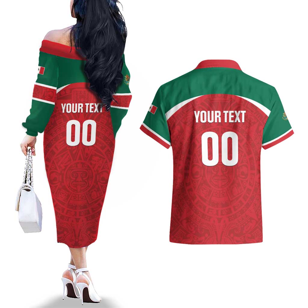 Custom Baseball Mexico Diablos Rojos Couples Matching Off The Shoulder Long Sleeve Dress and Hawaiian Shirt Red Devils Aztec Pattern