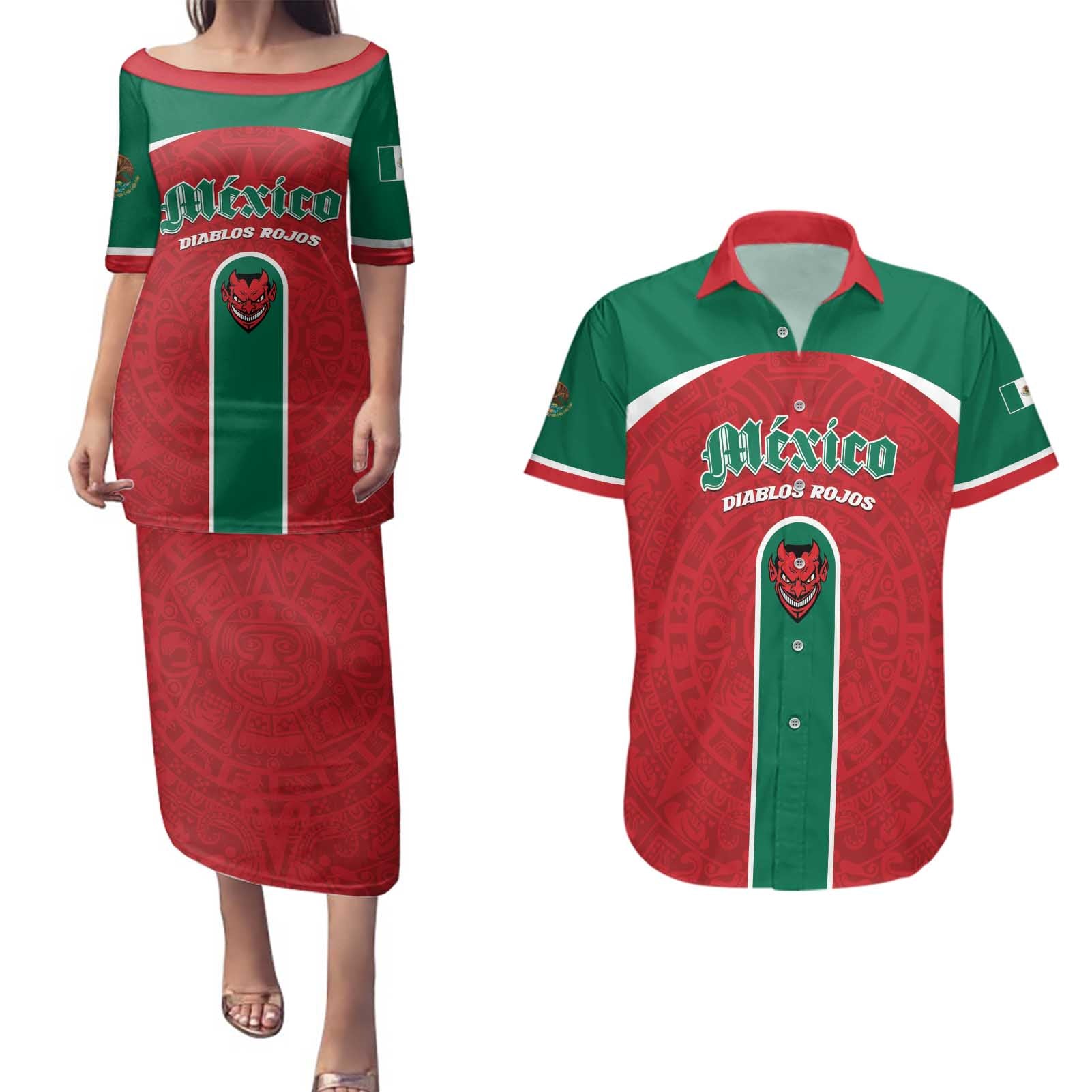 Custom Baseball Mexico Diablos Rojos Couples Matching Puletasi and Hawaiian Shirt Red Devils Aztec Pattern
