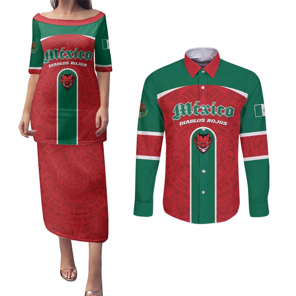 Custom Baseball Mexico Diablos Rojos Couples Matching Puletasi and Long Sleeve Button Shirt Red Devils Aztec Pattern