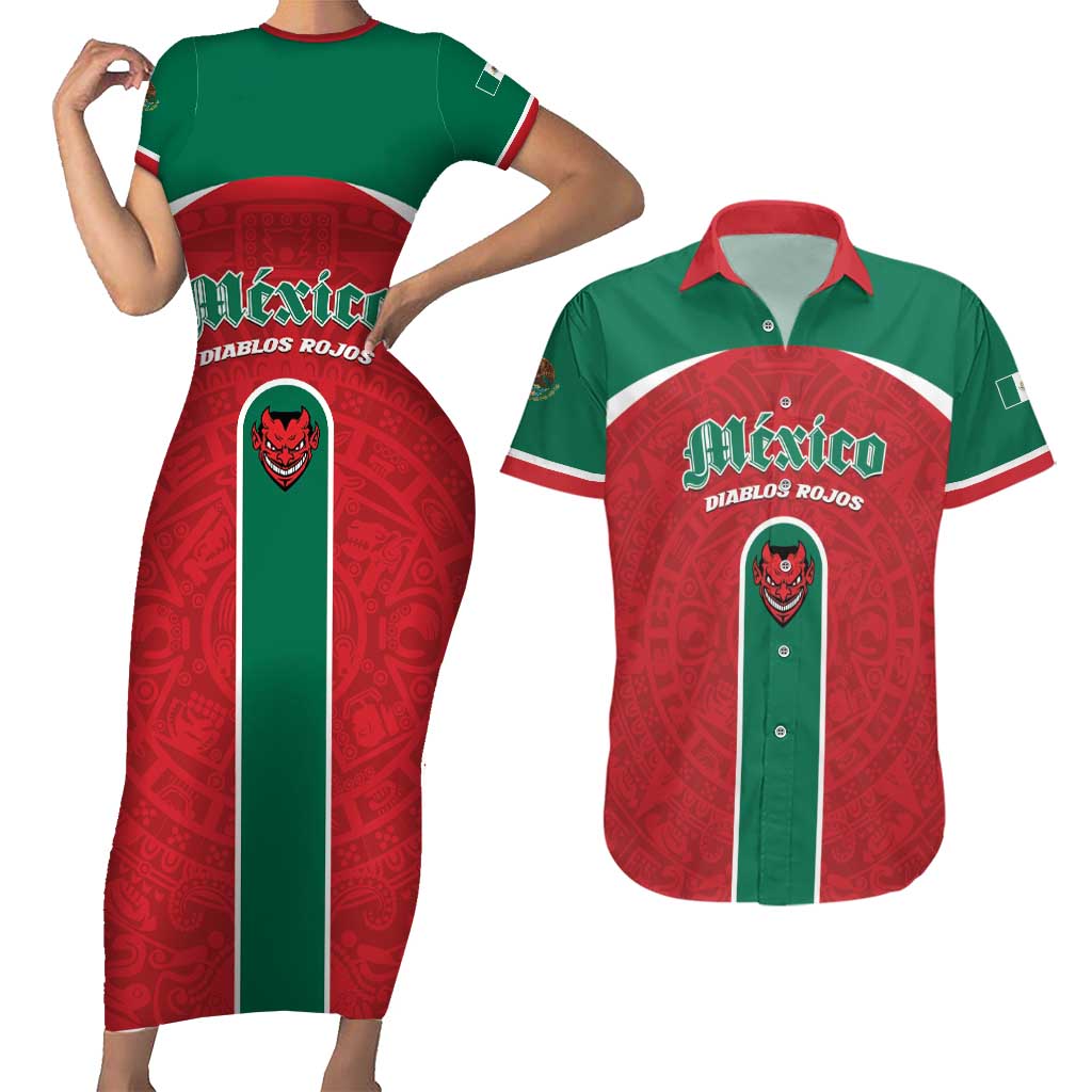 Custom Baseball Mexico Diablos Rojos Couples Matching Short Sleeve Bodycon Dress and Hawaiian Shirt Red Devils Aztec Pattern