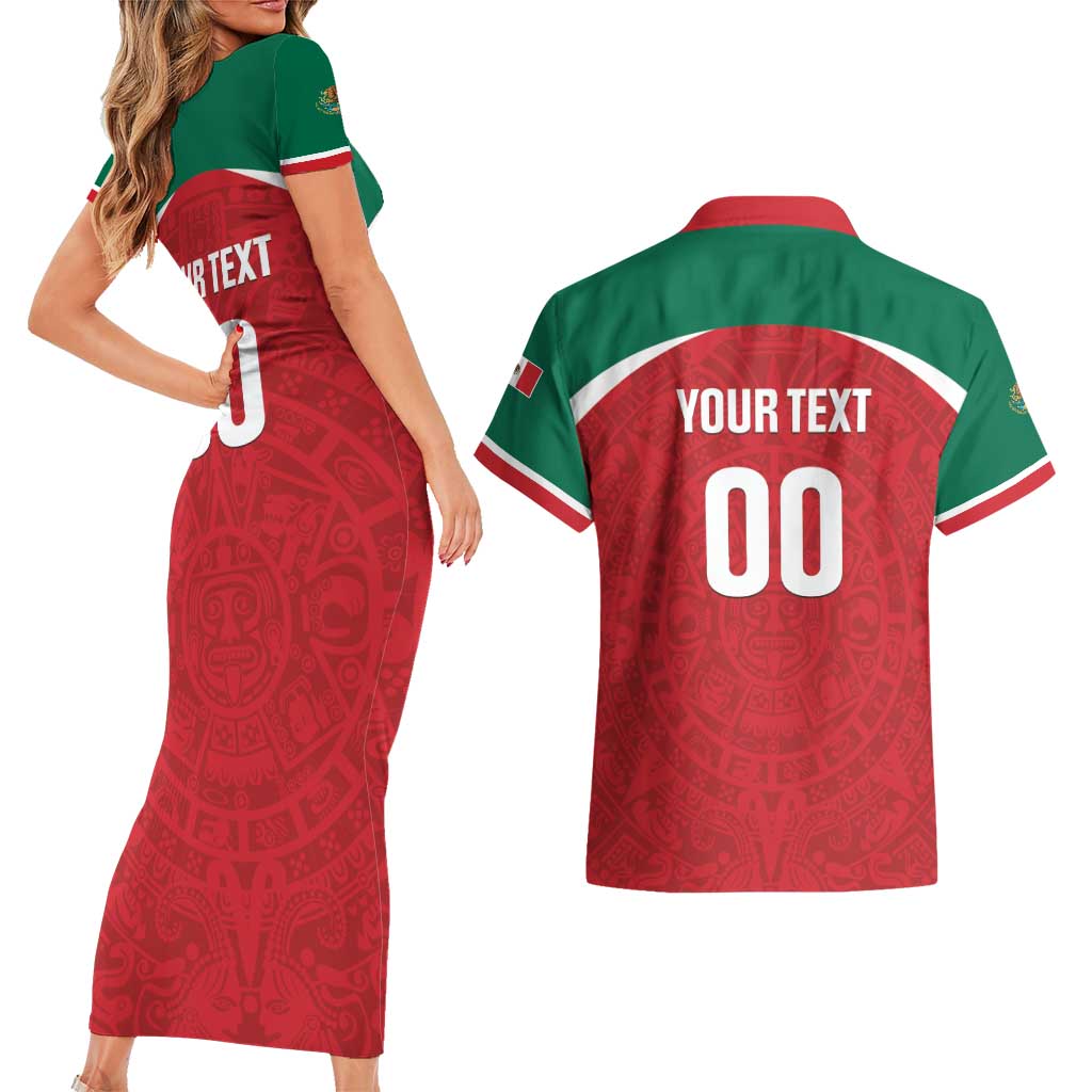Custom Baseball Mexico Diablos Rojos Couples Matching Short Sleeve Bodycon Dress and Hawaiian Shirt Red Devils Aztec Pattern