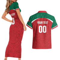 Custom Baseball Mexico Diablos Rojos Couples Matching Short Sleeve Bodycon Dress and Hawaiian Shirt Red Devils Aztec Pattern