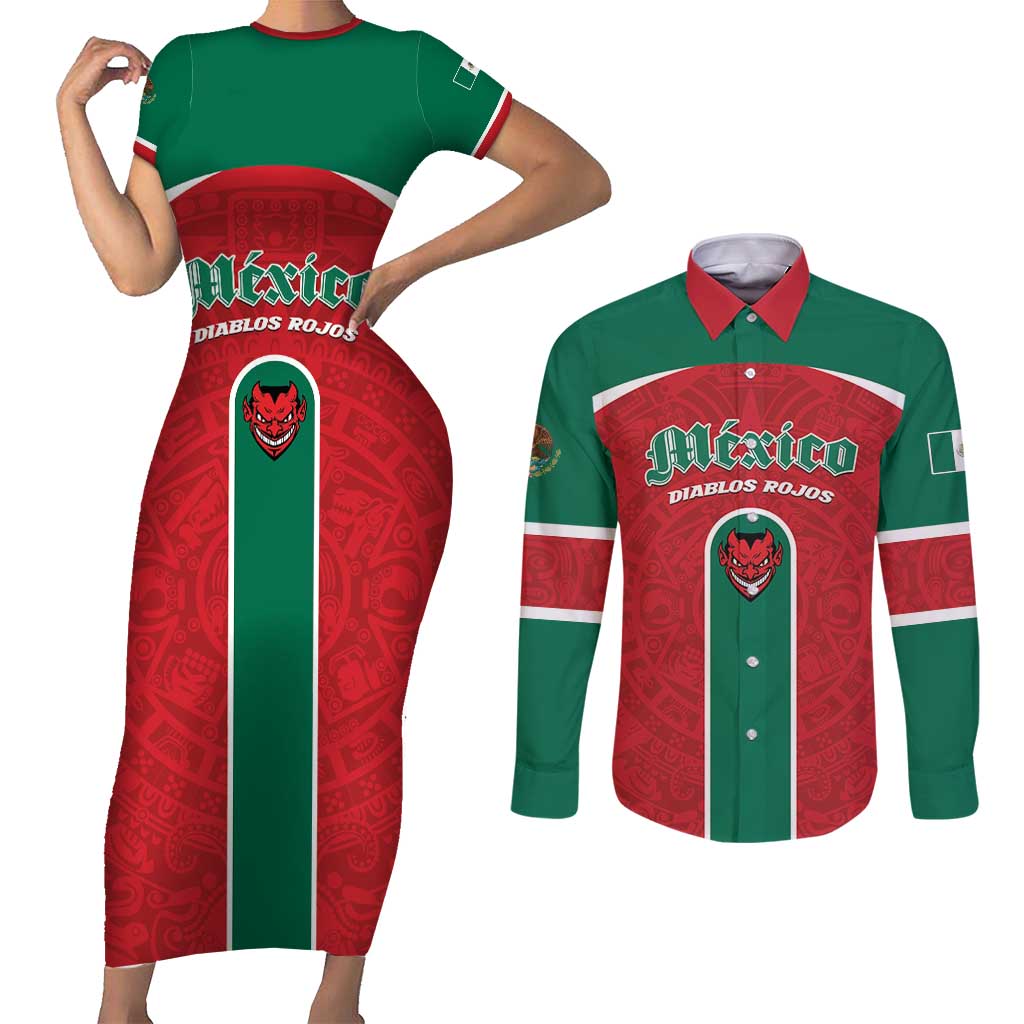 Custom Baseball Mexico Diablos Rojos Couples Matching Short Sleeve Bodycon Dress and Long Sleeve Button Shirt Red Devils Aztec Pattern