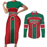 Custom Baseball Mexico Diablos Rojos Couples Matching Short Sleeve Bodycon Dress and Long Sleeve Button Shirt Red Devils Aztec Pattern