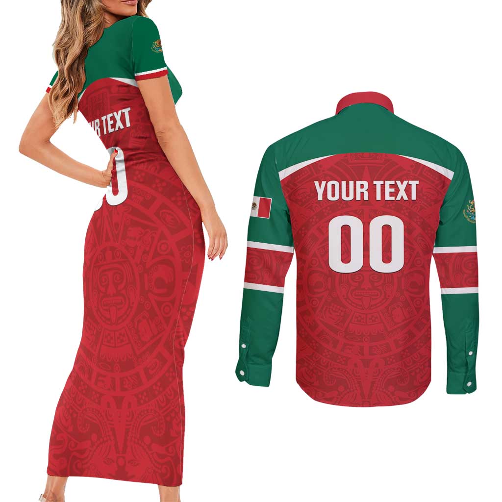 Custom Baseball Mexico Diablos Rojos Couples Matching Short Sleeve Bodycon Dress and Long Sleeve Button Shirt Red Devils Aztec Pattern