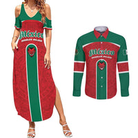 Custom Baseball Mexico Diablos Rojos Couples Matching Summer Maxi Dress and Long Sleeve Button Shirt Red Devils Aztec Pattern