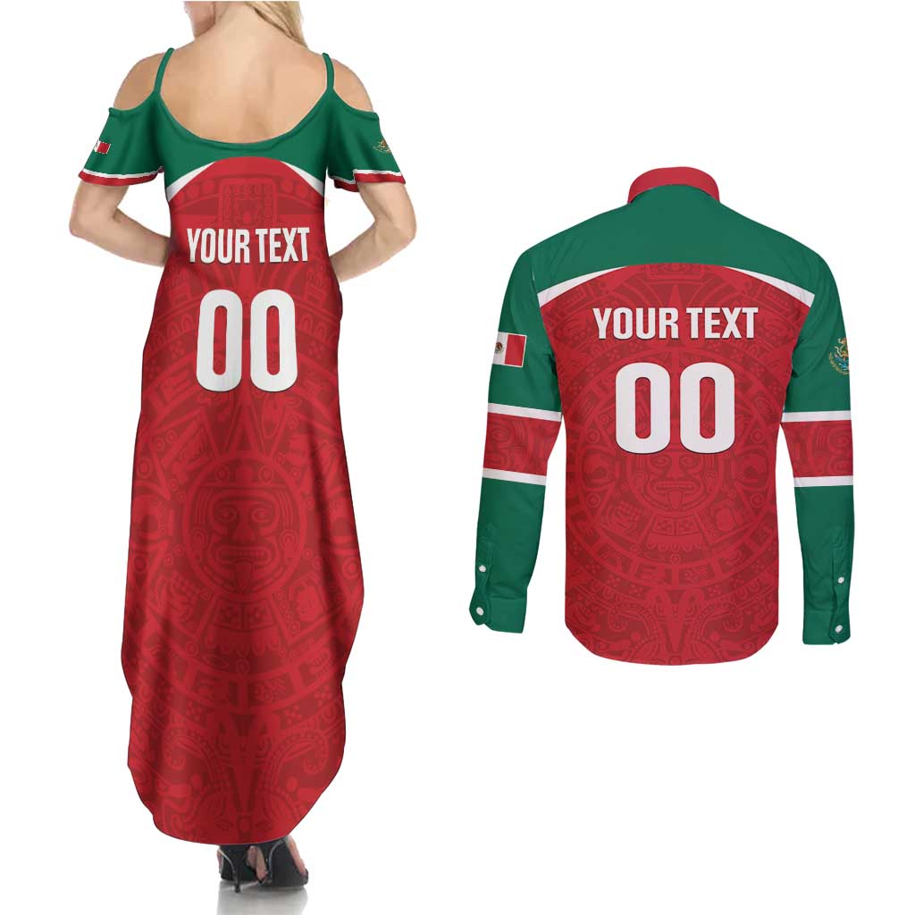 Custom Baseball Mexico Diablos Rojos Couples Matching Summer Maxi Dress and Long Sleeve Button Shirt Red Devils Aztec Pattern