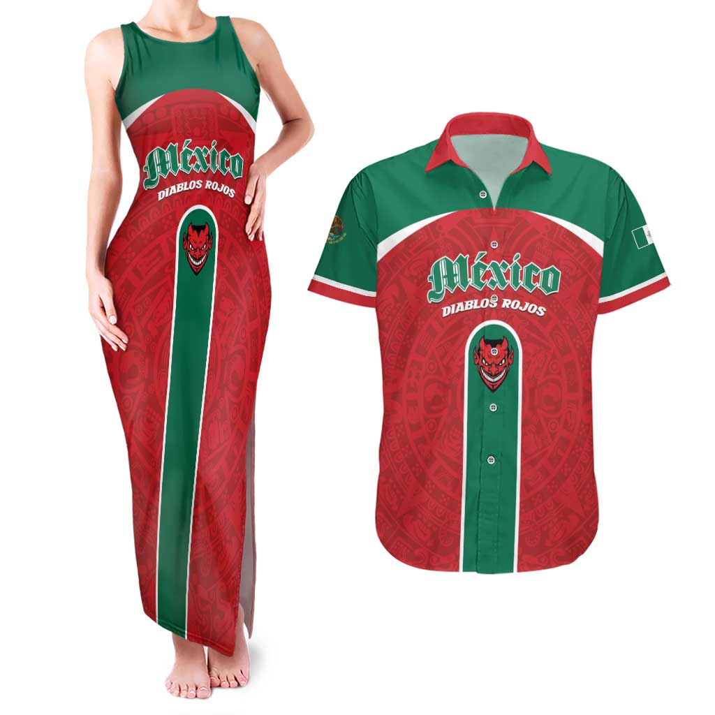 Custom Baseball Mexico Diablos Rojos Couples Matching Tank Maxi Dress and Hawaiian Shirt Red Devils Aztec Pattern