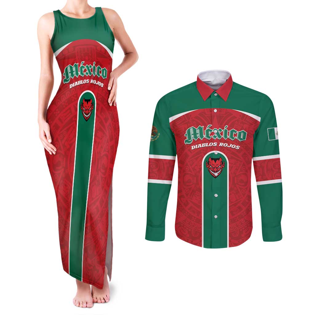 Custom Baseball Mexico Diablos Rojos Couples Matching Tank Maxi Dress and Long Sleeve Button Shirt Red Devils Aztec Pattern