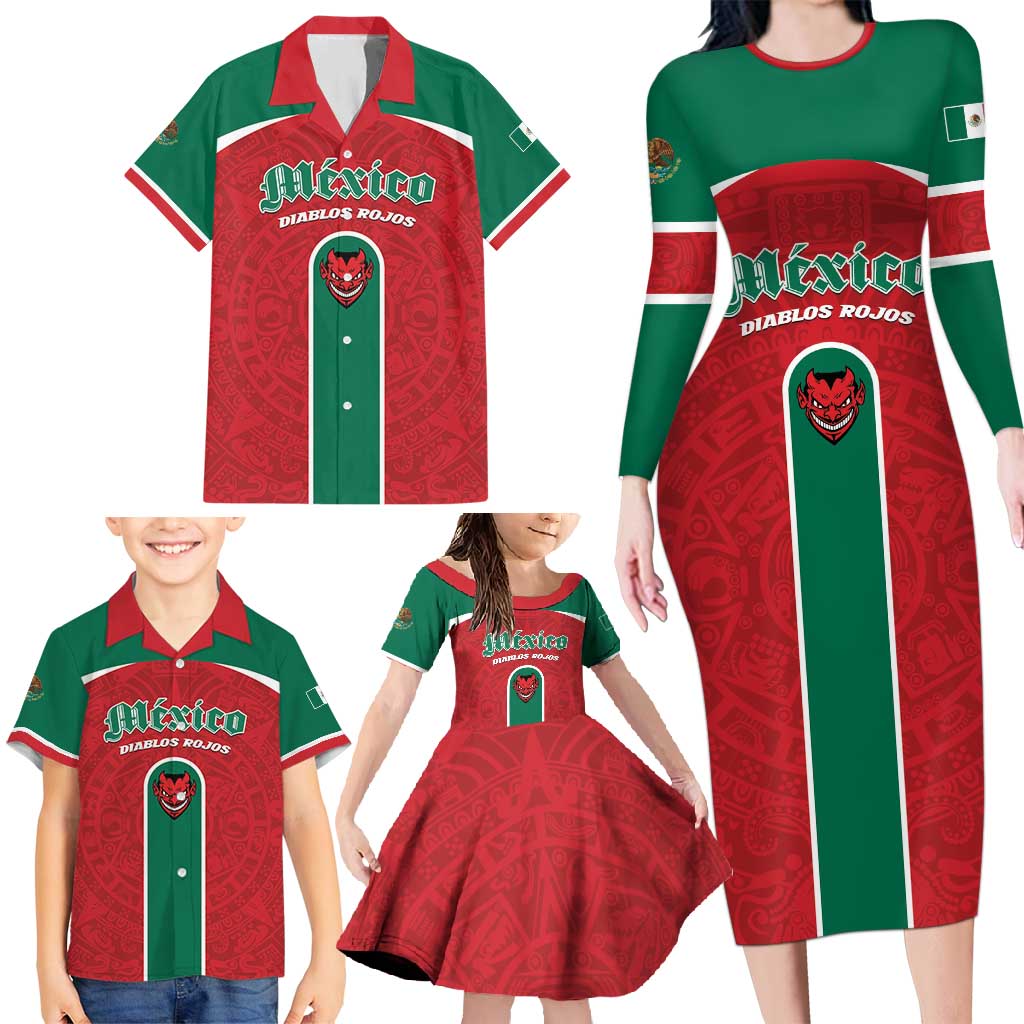 Custom Baseball Mexico Diablos Rojos Family Matching Long Sleeve Bodycon Dress and Hawaiian Shirt Red Devils Aztec Pattern