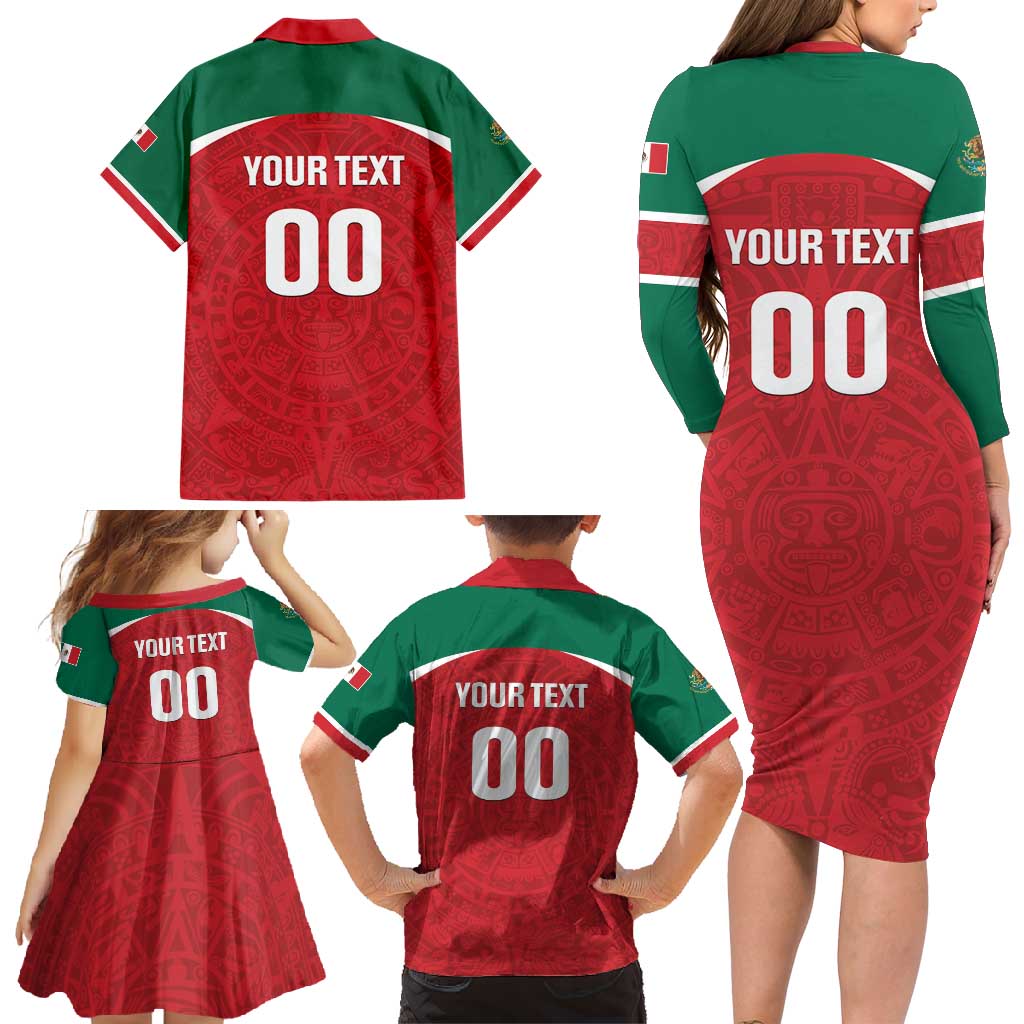 Custom Baseball Mexico Diablos Rojos Family Matching Long Sleeve Bodycon Dress and Hawaiian Shirt Red Devils Aztec Pattern