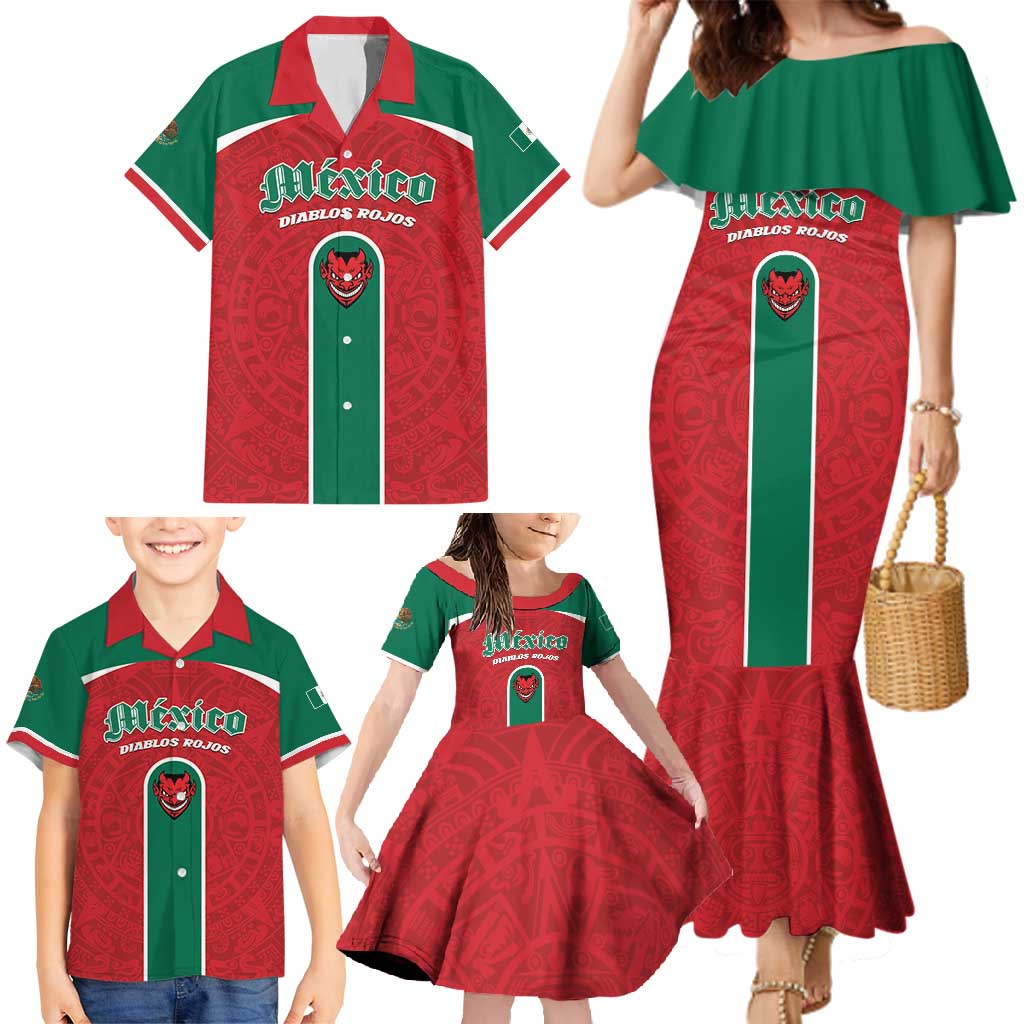Custom Baseball Mexico Diablos Rojos Family Matching Mermaid Dress and Hawaiian Shirt Red Devils Aztec Pattern
