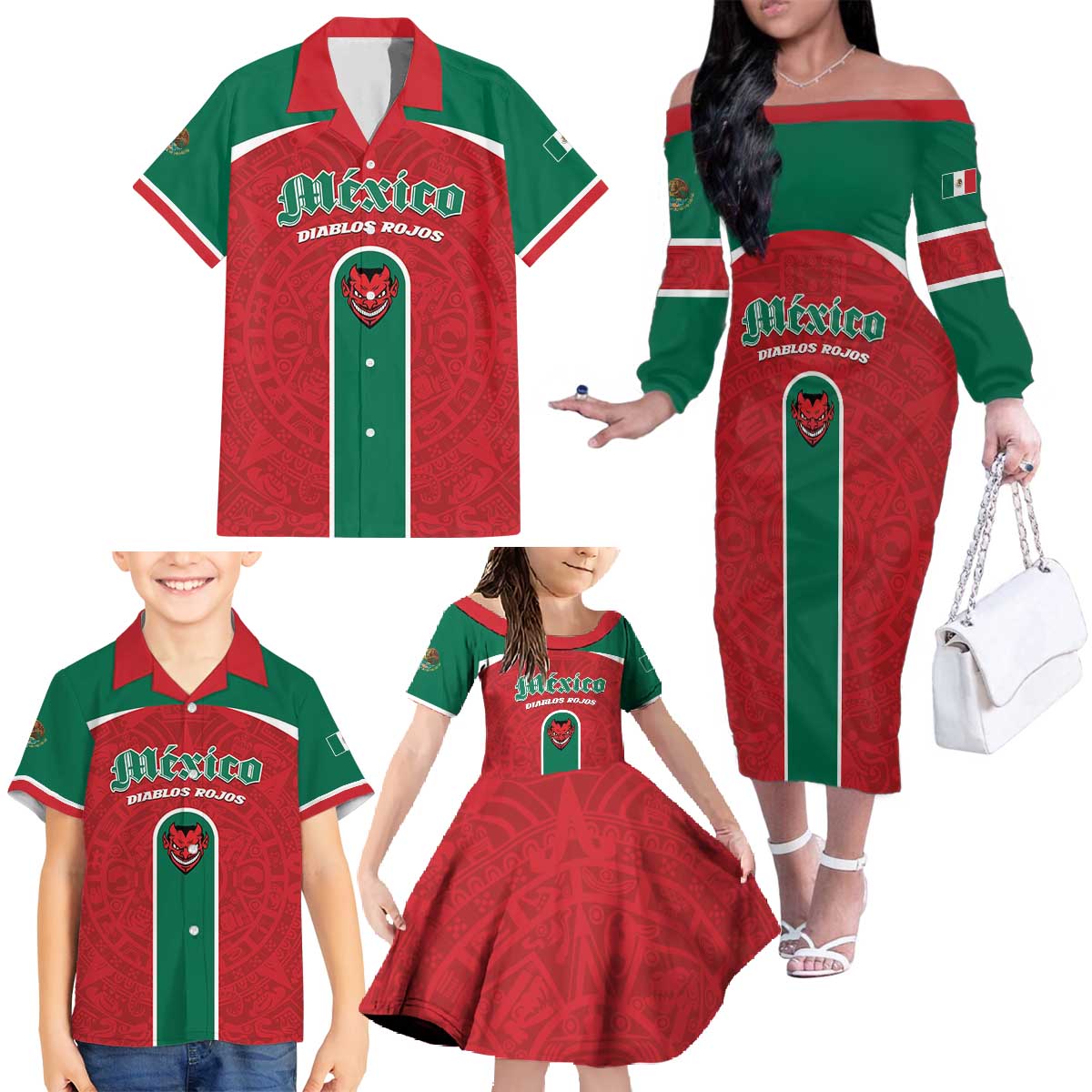 Custom Baseball Mexico Diablos Rojos Family Matching Off The Shoulder Long Sleeve Dress and Hawaiian Shirt Red Devils Aztec Pattern
