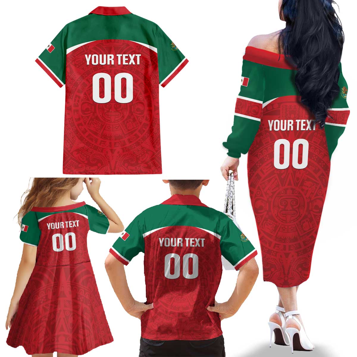 Custom Baseball Mexico Diablos Rojos Family Matching Off The Shoulder Long Sleeve Dress and Hawaiian Shirt Red Devils Aztec Pattern