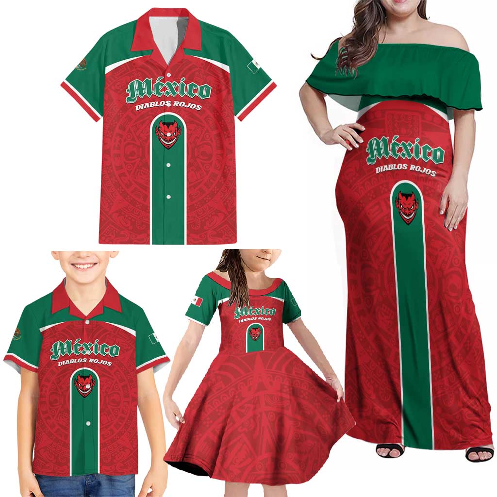 Custom Baseball Mexico Diablos Rojos Family Matching Off Shoulder Maxi Dress and Hawaiian Shirt Red Devils Aztec Pattern
