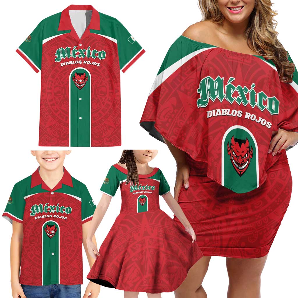 Custom Baseball Mexico Diablos Rojos Family Matching Off Shoulder Short Dress and Hawaiian Shirt Red Devils Aztec Pattern