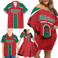 Custom Baseball Mexico Diablos Rojos Family Matching Off Shoulder Short Dress and Hawaiian Shirt Red Devils Aztec Pattern