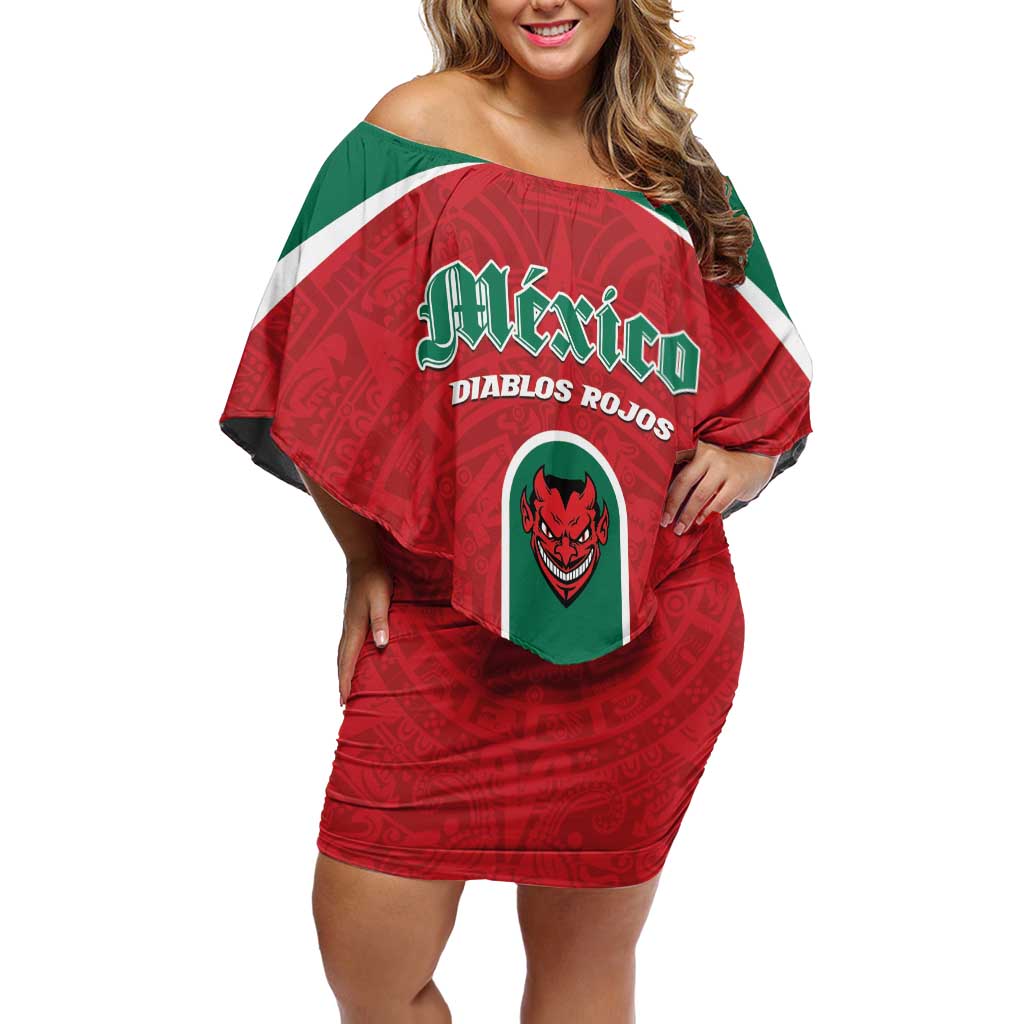 Custom Baseball Mexico Diablos Rojos Family Matching Off Shoulder Short Dress and Hawaiian Shirt Red Devils Aztec Pattern