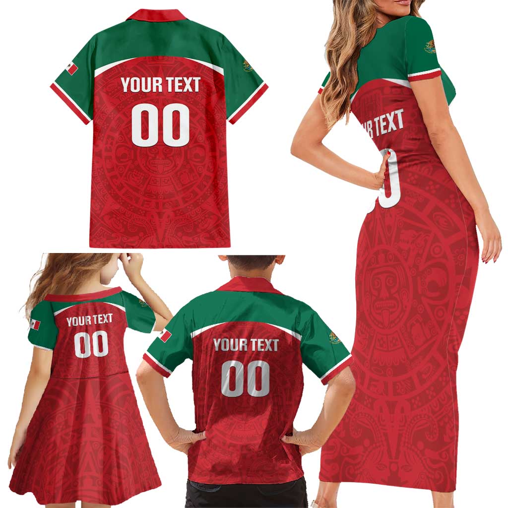 Custom Baseball Mexico Diablos Rojos Family Matching Short Sleeve Bodycon Dress and Hawaiian Shirt Red Devils Aztec Pattern