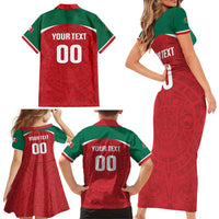 Custom Baseball Mexico Diablos Rojos Family Matching Short Sleeve Bodycon Dress and Hawaiian Shirt Red Devils Aztec Pattern
