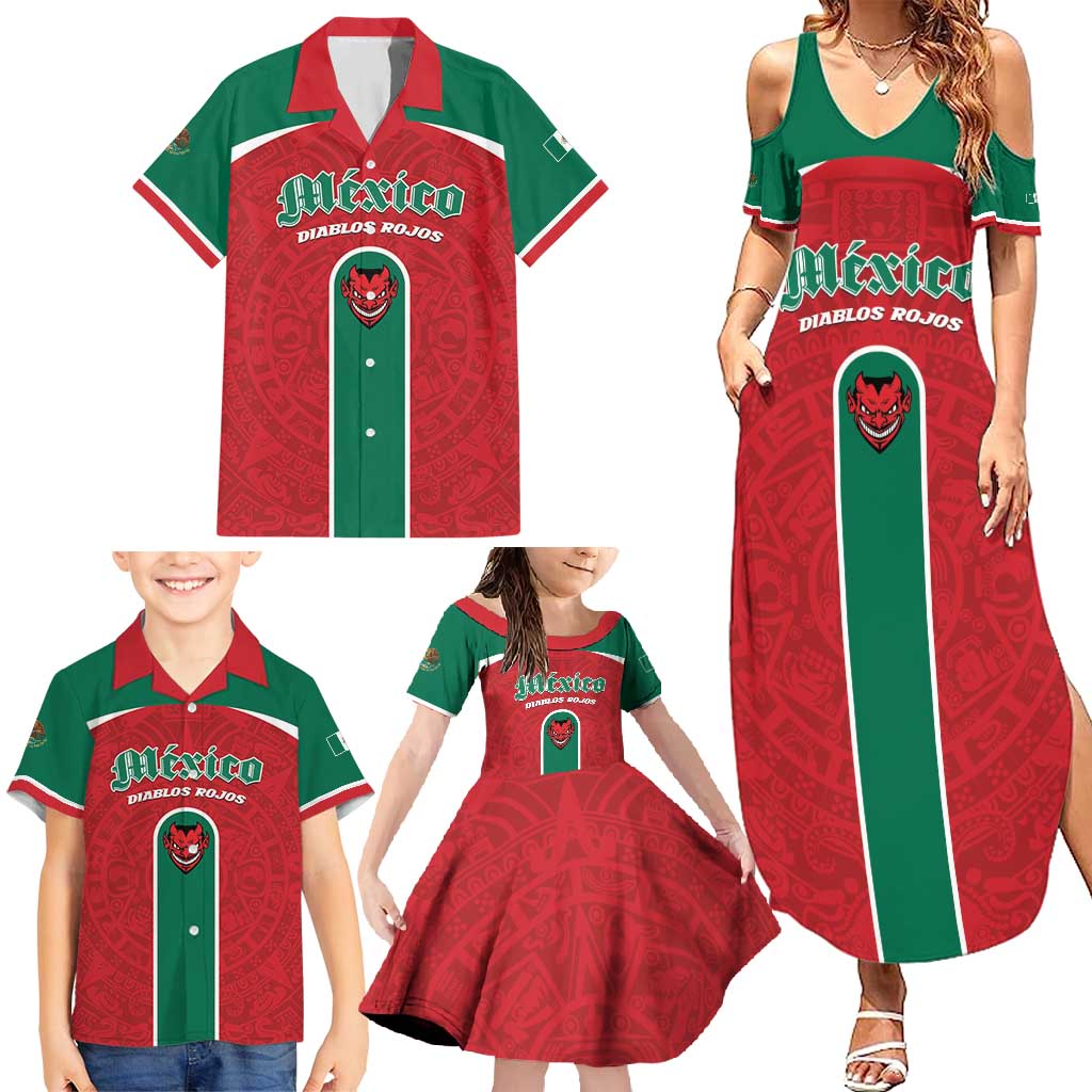Custom Baseball Mexico Diablos Rojos Family Matching Summer Maxi Dress and Hawaiian Shirt Red Devils Aztec Pattern