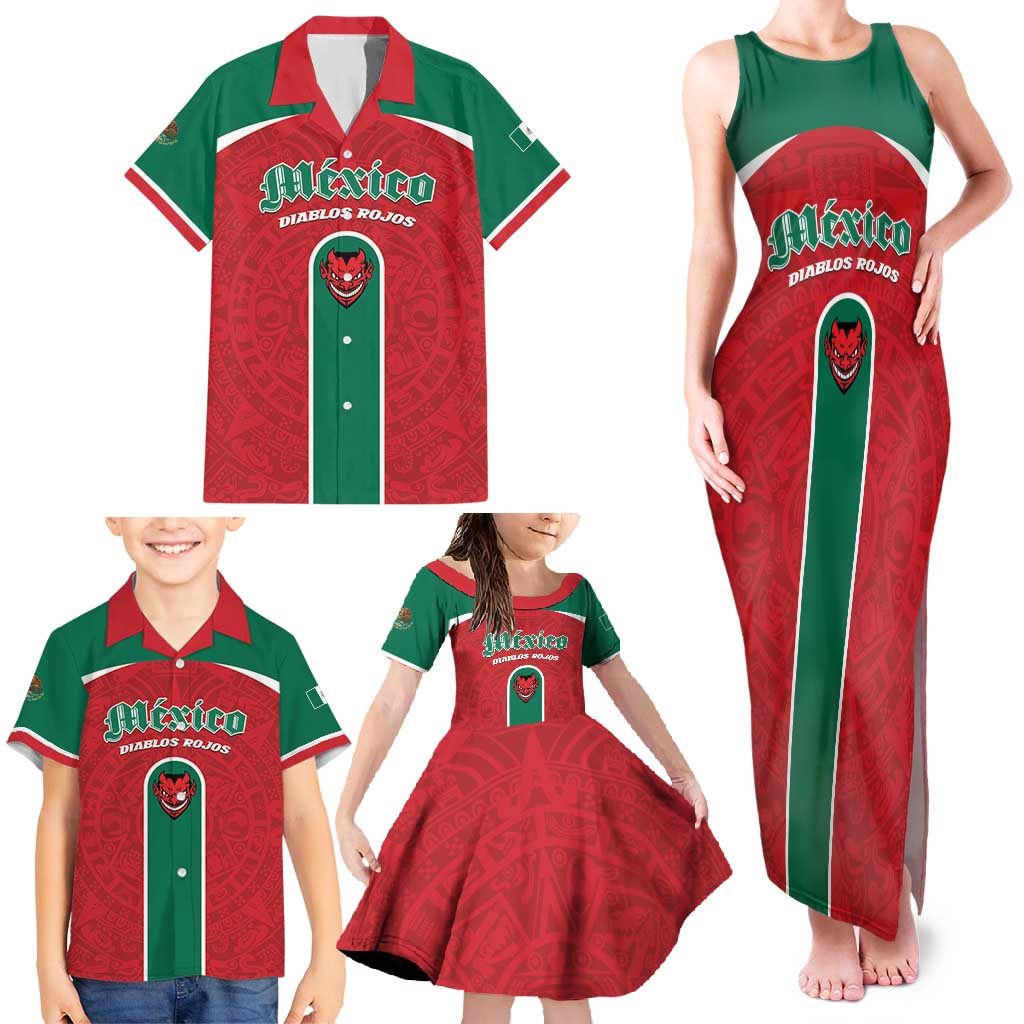 Custom Baseball Mexico Diablos Rojos Family Matching Tank Maxi Dress and Hawaiian Shirt Red Devils Aztec Pattern